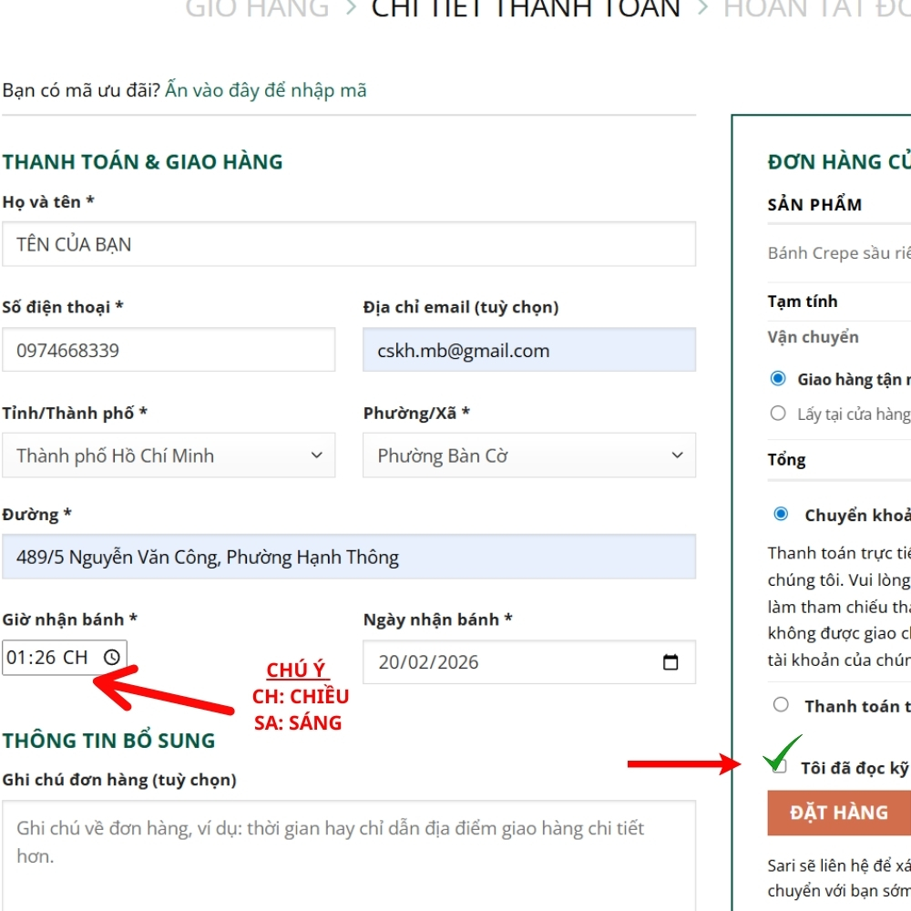 Hướng dẫn đặt bánh trên saribakery.com, bước 5