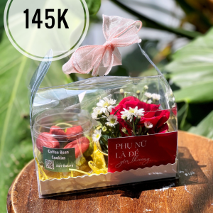 Hộp quà xách mica nhỏ kèm hoa hồng đỏ và set bánh/đồ ngọt nhiều món – quà 8/3 Sari Bakery